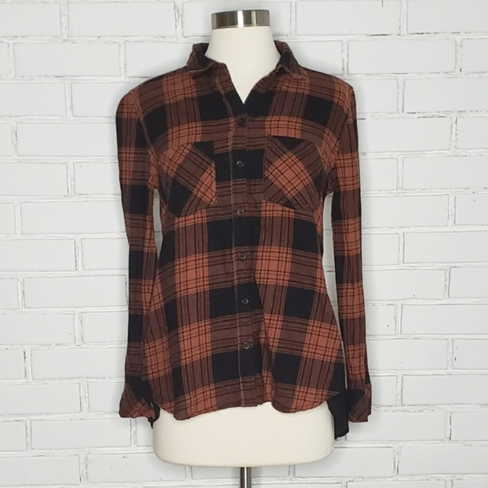 [BeachLunchLounge] Orange Plaid High-Low Shirt